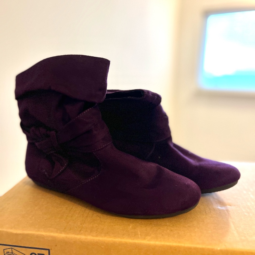 Purple Suede Ankle Booties with Flat Sole